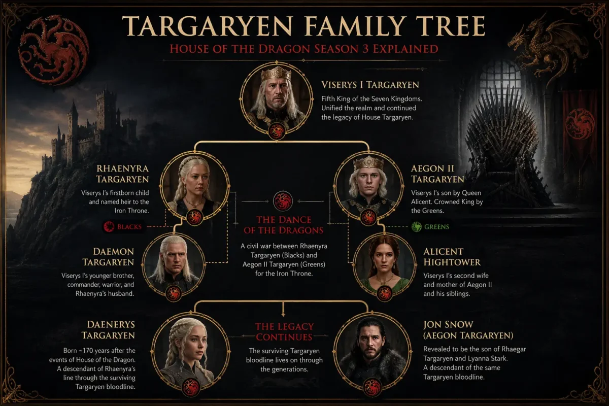 argaryen family tree infographic showing Viserys I, Rhaenyra Targaryen, Aegon II, Daemon Targaryen, Alicent Hightower, Daenerys Targaryen, and Jon Snow lineage connections.