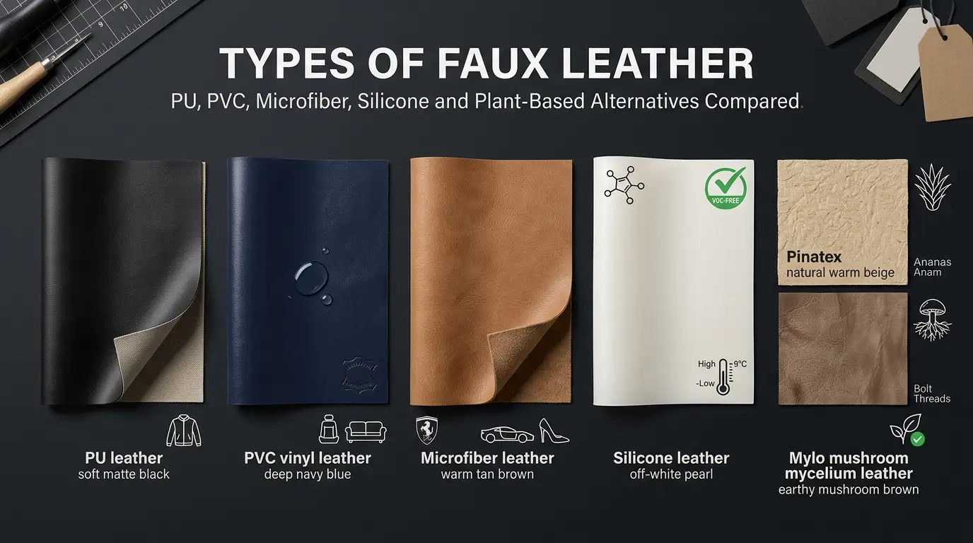 Five types of faux leather samples including PU, PVC, microfiber, silicone and Pinatex plant-based leather displayed as a flat lay at TV Jackets