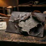 Bonded leather swatch showing severe surface peeling and fabric backing exposed underneath, demonstrating the material failure of bonded leather on a dark workshop surface