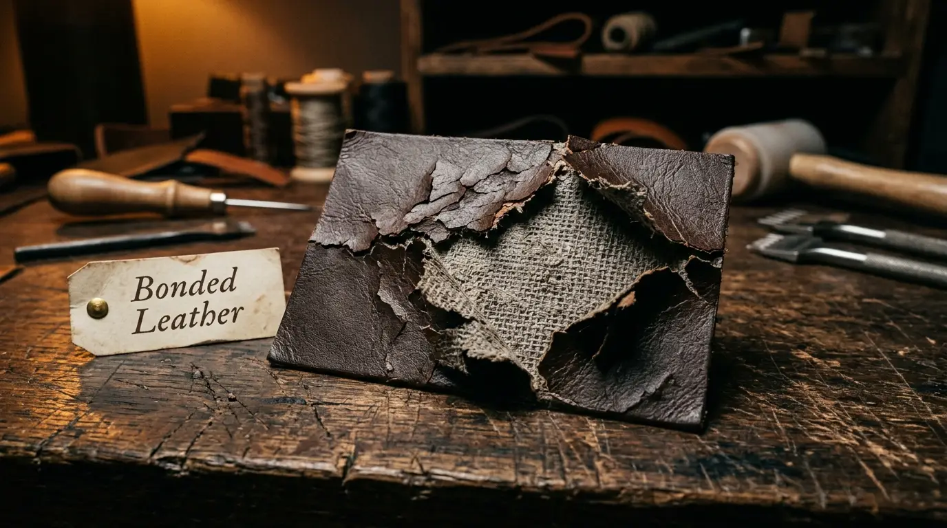 Bonded leather swatch showing severe surface peeling and fabric backing exposed underneath, demonstrating the material failure of bonded leather on a dark workshop surface