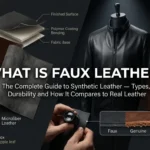 What is faux leather blog banner showing PU leather swatches, a faux leather jacket and genuine leather comparison at TV Jackets