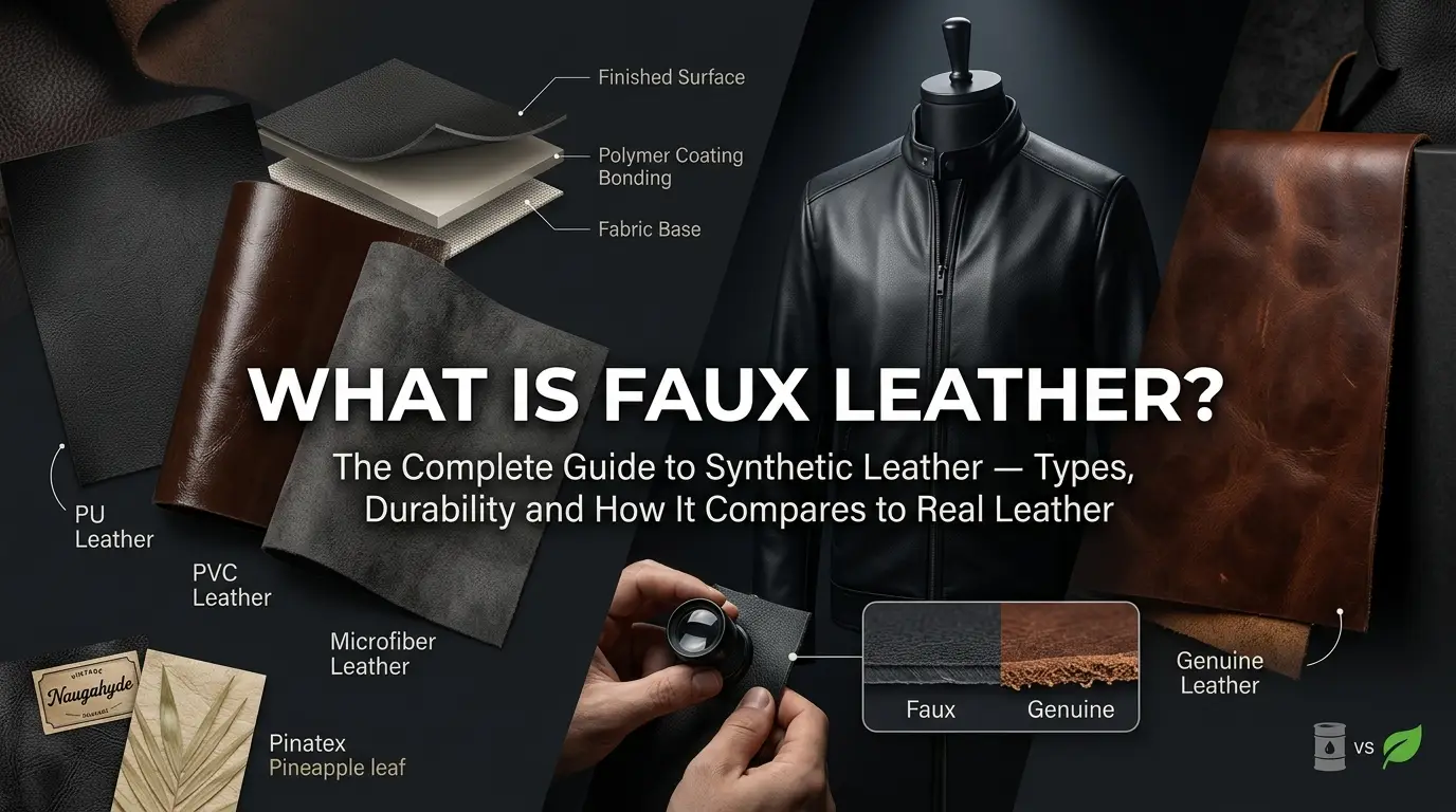 What is faux leather blog banner showing PU leather swatches, a faux leather jacket and genuine leather comparison at TV Jackets