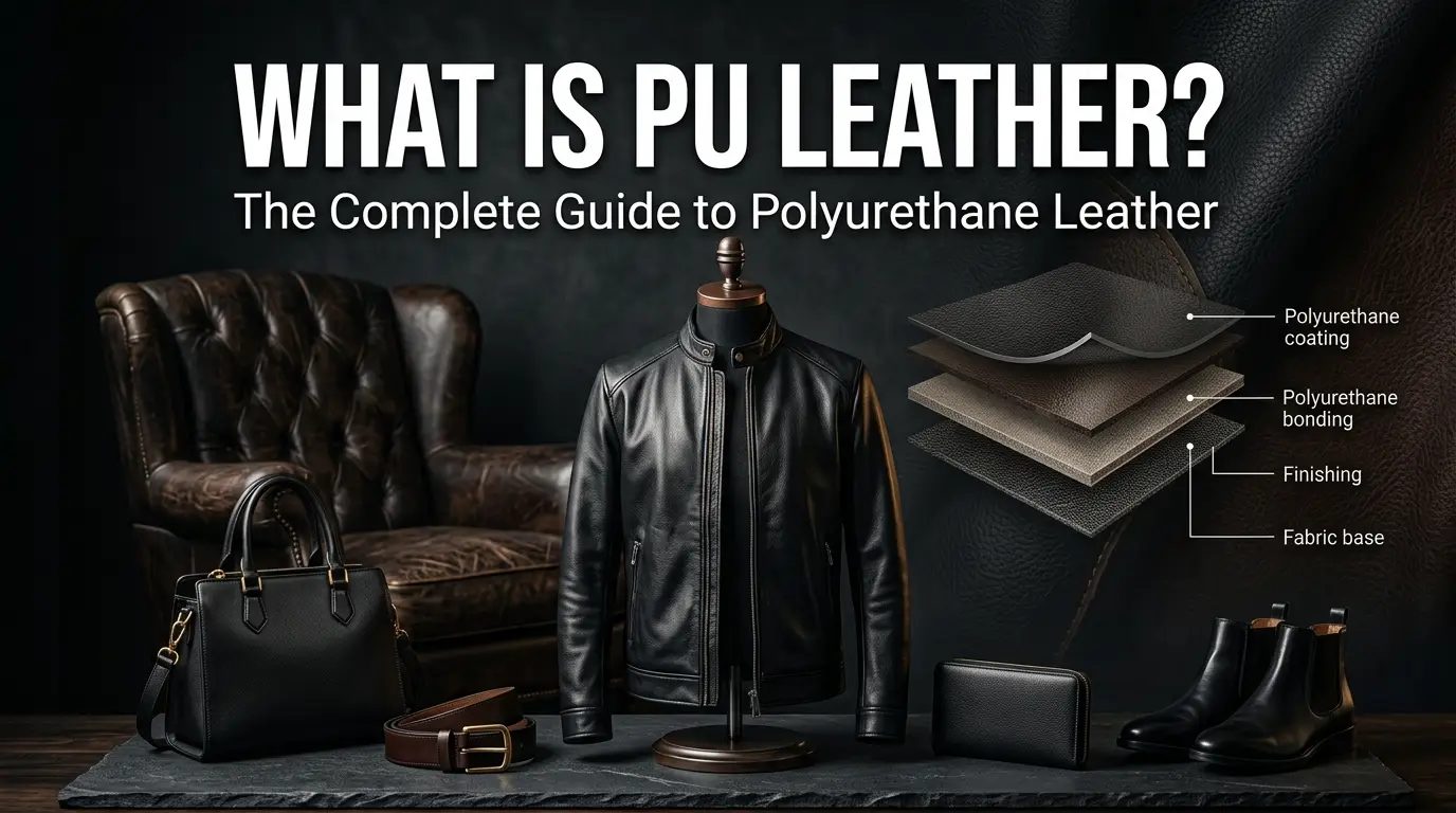 PU leather jacket with handbag, belt, wallet and boots arranged as a complete guide to polyurethane leather at TV Jackets