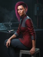 Side view of Cyberpunk 2077 Female V Red Leather Blazer with a structured crimson leather silhouette