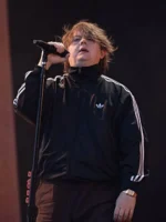 Close-up of Adidas Lewis Capaldi Track Jacket highlighting fabric texture, stitching, and sporty track details