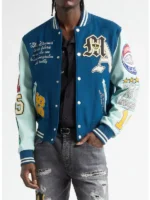 Amiri Patch Wool Blend Leather Varsity Jacket Closure View