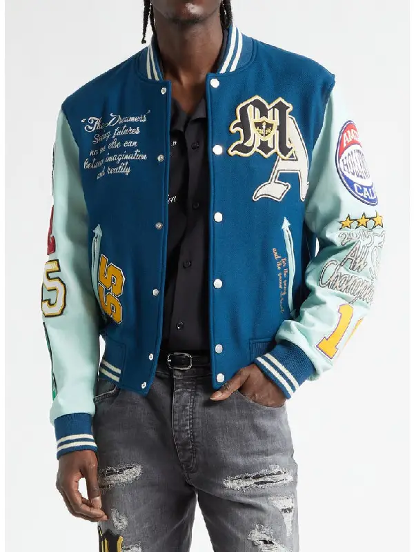 Amiri Patch Wool Blend Leather Varsity Jacket Closure View Amiri Patch Wool Blend Leather Varsity Jacket Closure View