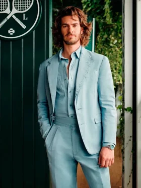 Front view of Andrew Garfield IWC Attends Wimbledon Suit featuring structured tailoring, clean lapels, and a refined silhouette