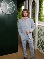 Full look of Andrew Garfield IWC Attends Wimbledon Suit featuring a tailored fit and polished formal appearance