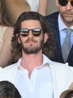 Close-up of Andrew Garfield White Double Breasted Suit highlighting premium fabric texture, double-breasted buttons, stitching, and tailored craftsmanship