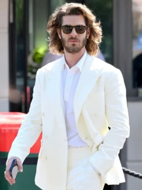 Front view of Andrew Garfield White Double Breasted Suit featuring clean lapels, double-breasted buttons, and a tailored white silhouette