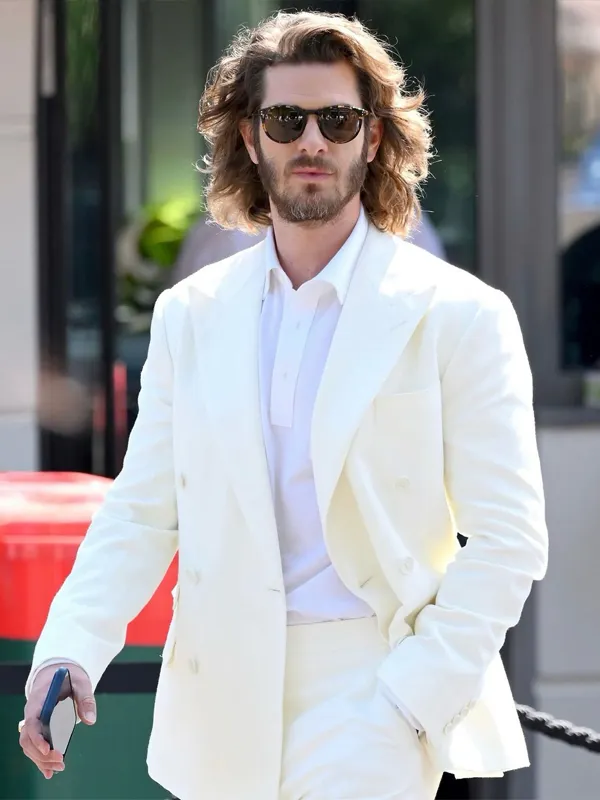 Andrew Garfield White Double Breasted Suit Front View Front view of Andrew Garfield White Double Breasted Suit featuring clean lapels, double-breasted buttons, and a tailored white silhouette