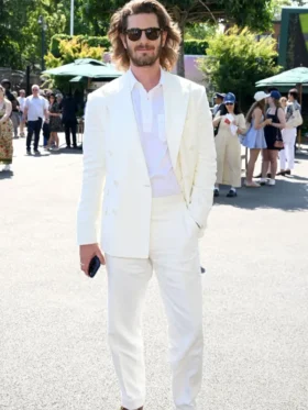 Andrew Garfield White Double Breasted Suit featuring premium tailoring, a structured fit, and a classic white formal design