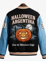 Back look of Argentina Halloween Varsity Jacket featuring Halloween graphics, Argentina-inspired design, and a classic varsity profile