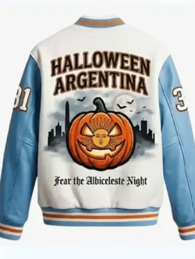 Back view of Argentina Halloween Varsity Jacket featuring Argentina-inspired graphics, Halloween-themed detailing, and classic varsity styling