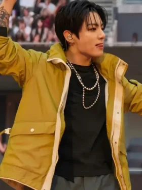Front view of Arirang London Tour Jungkook Cyberpunk Jacket featuring futuristic details and premium construction