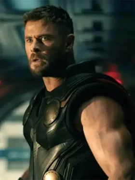 Front look of Avengers Doomsday Thor Black Leather Vest showcasing clean detailing, premium black leather, and a tailored fit