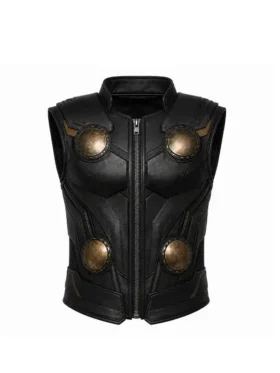 Front view of Avengers Doomsday Thor Black Leather Vest featuring clean front detailing, premium black leather, and a structured fit