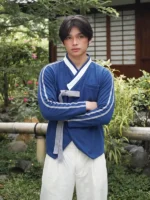 Front view of BABYMONSTER x YBSY Hwarang Hanbok Jacket in blue featuring premium craftsmanship and Hanbok inspired styling