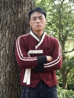 Front view of BABYMONSTER x YBSY Hwarang Hanbok Jacket in red featuring bold styling and premium construction