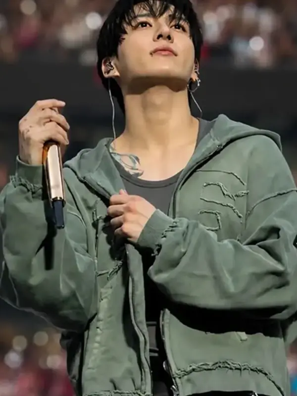 BTS World Tour London Jungkook Hoodie Front View Front view of BTS World Tour London Jungkook Hoodie featuring premium hoodie styling and modern concert inspired details