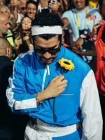 Close-up of Bad Bunny Marseille Jacquemus Track Jacket highlighting premium fabric texture and stitching details