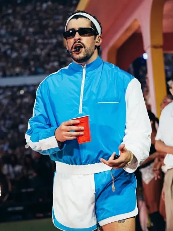 Bad Bunny Marseille Jacquemus Track Jacket Front Look Front look of Bad Bunny Marseille Jacquemus Track Jacket featuring premium sportswear styling and modern details