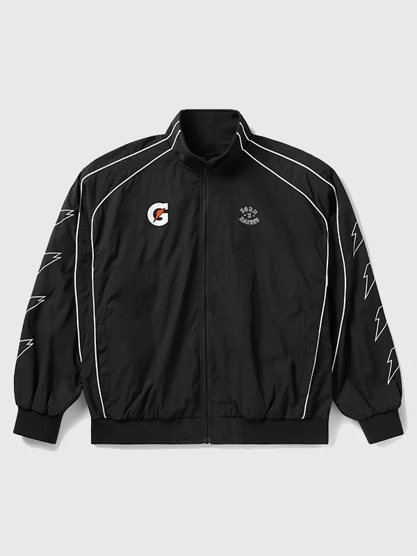 Born x Raised x Gatorade Track Jacket Front View Front view of Born x Raised x Gatorade Track Jacket with sporty graphics and classic track jacket styling