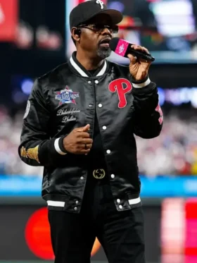 Front view of Boyz II Men MLB All Star Game 2026 Satin Jacket featuring premium satin fabric, ribbed trims, and clean front detailing