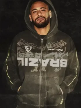 Front look of CJ x Nike Brazil Black Hooded Jacket featuring a clean athletic fit and Brazil-inspired styling