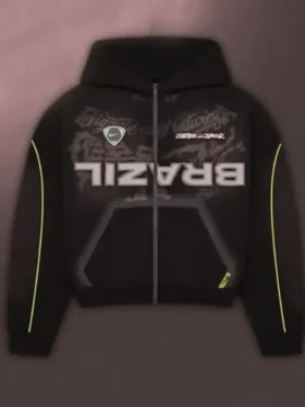 Front view of CJ x Nike Brazil Black Hooded Jacket showing the hood, black finish, and Brazil-inspired design details