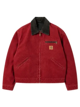 Front view of Carhartt Detroit Red Jacket with a classic red workwear design and structured fit