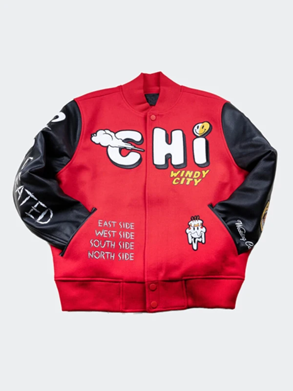 Chicago Windy City Red Varsity Jacket Front VIew Chicago Windy City Red Varsity Jacket Front VIew