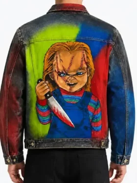 Back view of Chucky Denim Jacket showcasing bold character artwork and a clean classic denim silhouette