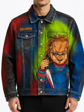 Front view of Chucky Denim Jacket showing classic denim fabric, structured styling, and character-inspired details