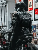 Back look of Cyber Black Techwear Jacket showcasing a structured black silhouette and refined techwear details