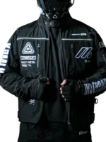 Close-up of Cyber Black Techwear Jacket highlighting the front closure, premium texture, and detailed craftsmanship