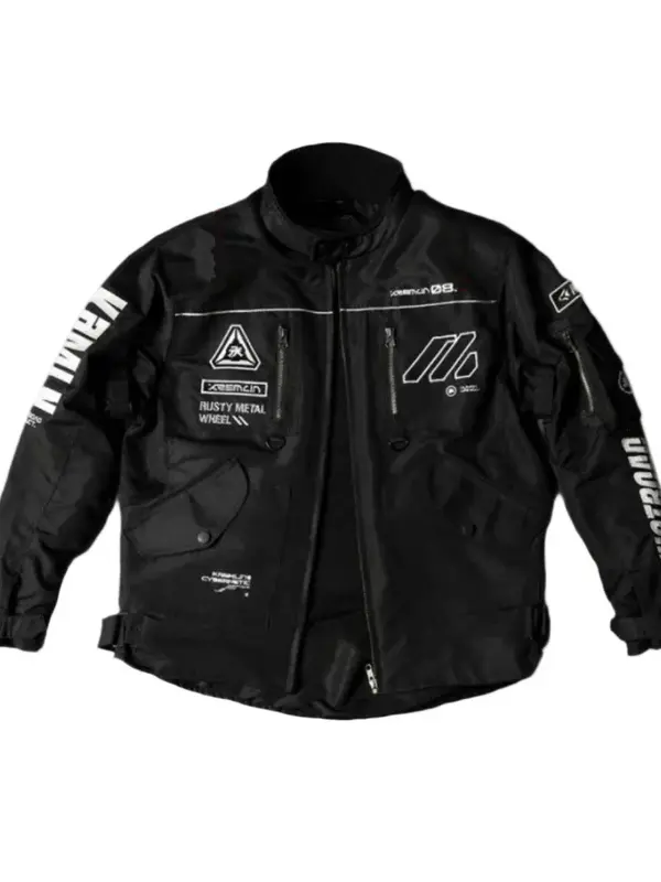 Cyber Black Techwear Jacket Front View Front view of Cyber Black Techwear Jacket featuring a sleek black finish, modern fit, and futuristic techwear design