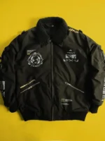 Front view of Cyberpunk 2077 Crossbone Techwear Jacket with a structured fit and futuristic techwear design