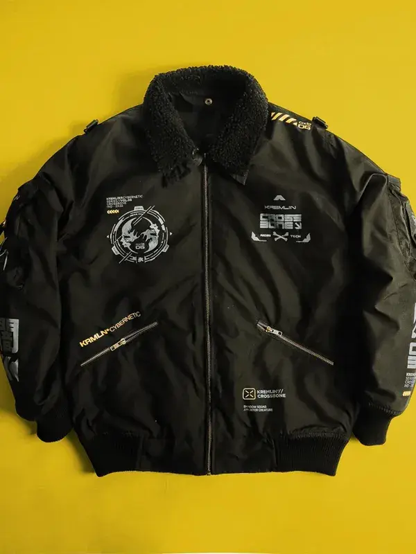 Cyberpunk 2077 Crossbone Techwear Jacket Front View Front view of Cyberpunk 2077 Crossbone Techwear Jacket with a structured fit and futuristic techwear design