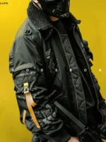 Side view of Cyberpunk 2077 Crossbone Techwear Jacket featuring a futuristic silhouette and premium techwear styling