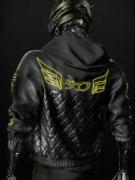 Back view of Cyberpunk 2077 Cyborg Bomber Leather Jacket showing its black hooded bomber design