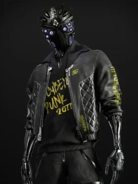 Front view of Cyberpunk 2077 Cyborg Bomber Leather Jacket with a black hooded bomber silhouette