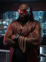 Front view of Cyberpunk 2077 Dexter DeShawn Vest highlighting its tailored design and premium finish
