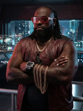 Front view of Cyberpunk 2077 Dexter DeShawn Vest highlighting its tailored design and premium finish