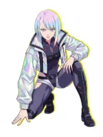 Front view of Cyberpunk 2077 Edgerunners Lucy Cosplay Jacket with a bold futuristic design