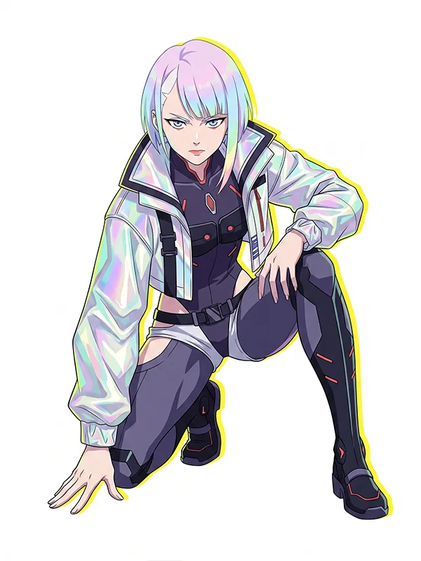 Cyberpunk 2077 Edgerunners Lucy Cosplay Jacket Front View Front view of Cyberpunk 2077 Edgerunners Lucy Cosplay Jacket with a bold futuristic design