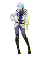Full look of Cyberpunk 2077 Edgerunners Lucy Cosplay Jacket showcasing its complete futuristic silhouette