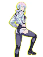 Side view of Cyberpunk 2077 Edgerunners Lucy Cosplay Jacket featuring a vibrant futuristic design and clean profile