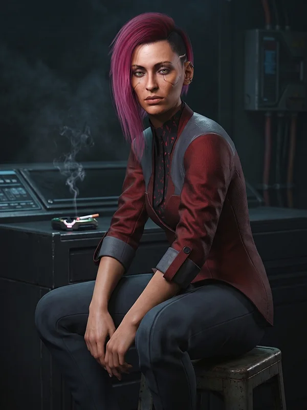 Cyberpunk 2077 Female V Red Leather Blazer Front View Front view of Cyberpunk 2077 Female V Red Leather Blazer with a tailored crimson leather design